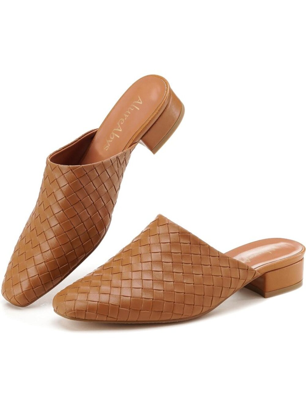Women's Khaki Woven Mule Shoes Closed Toe Slip On Low Block Heel Dress Mules